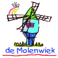 Logo for de Molenwiek school - a child's drawing of a windmill, with a butterfly flying above it